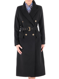 Długi czarny płaszcz damski z paskiem 37652